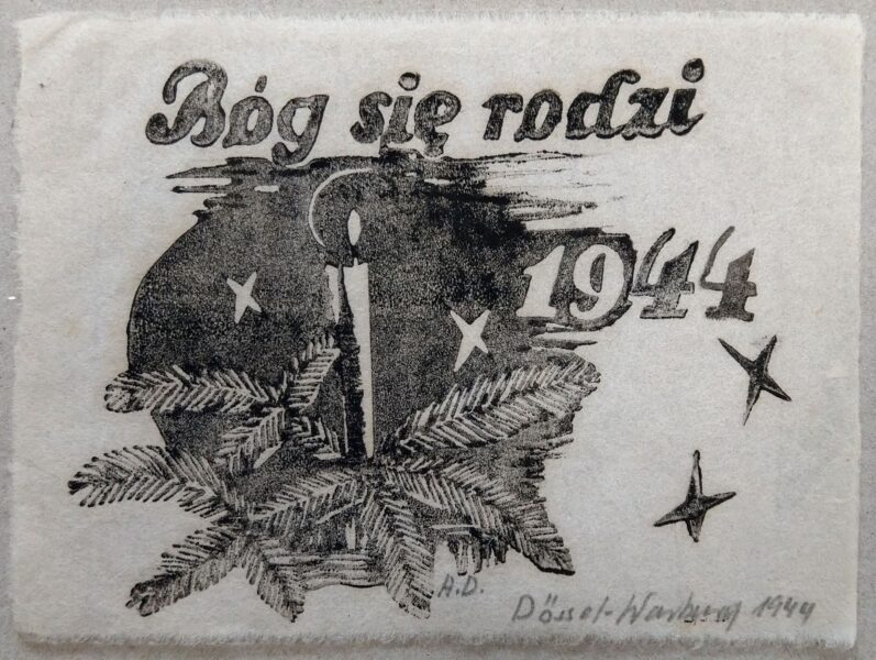 1944-Dossel(2) - Bóg się rodzi. Wigilia 1944 - kartka świąteczna. Linoryt, na dole, pośrodku, sygnatura ołówkiem A.D., w prawym dolnym rogu, ołówkiem: Dössel-Warburg 1944_onebird